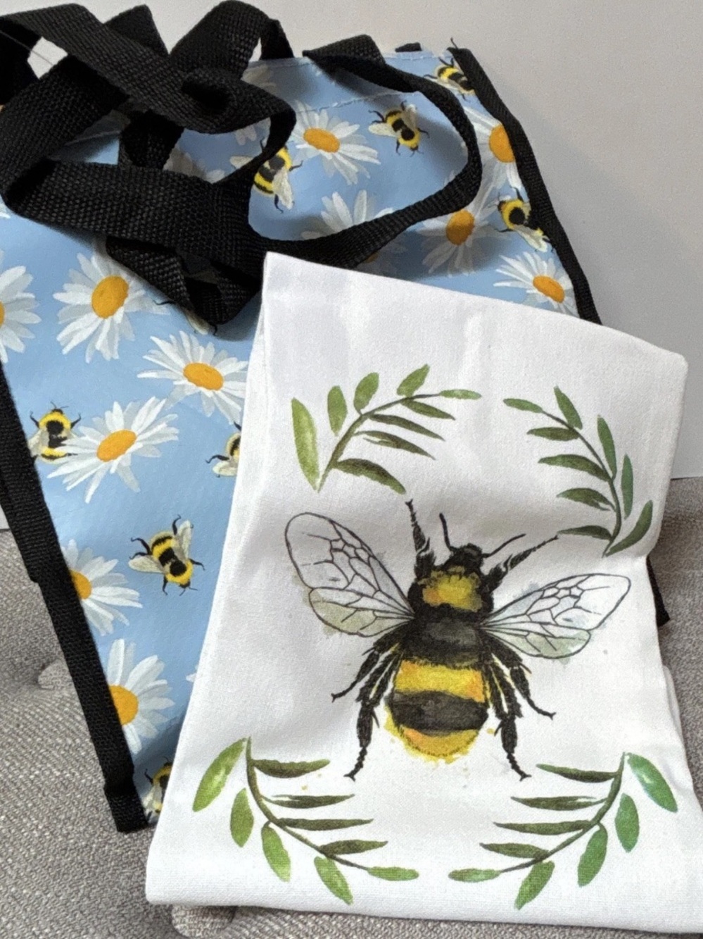 Small Bee Tote Bag and Tea Towel Set - Blue & White